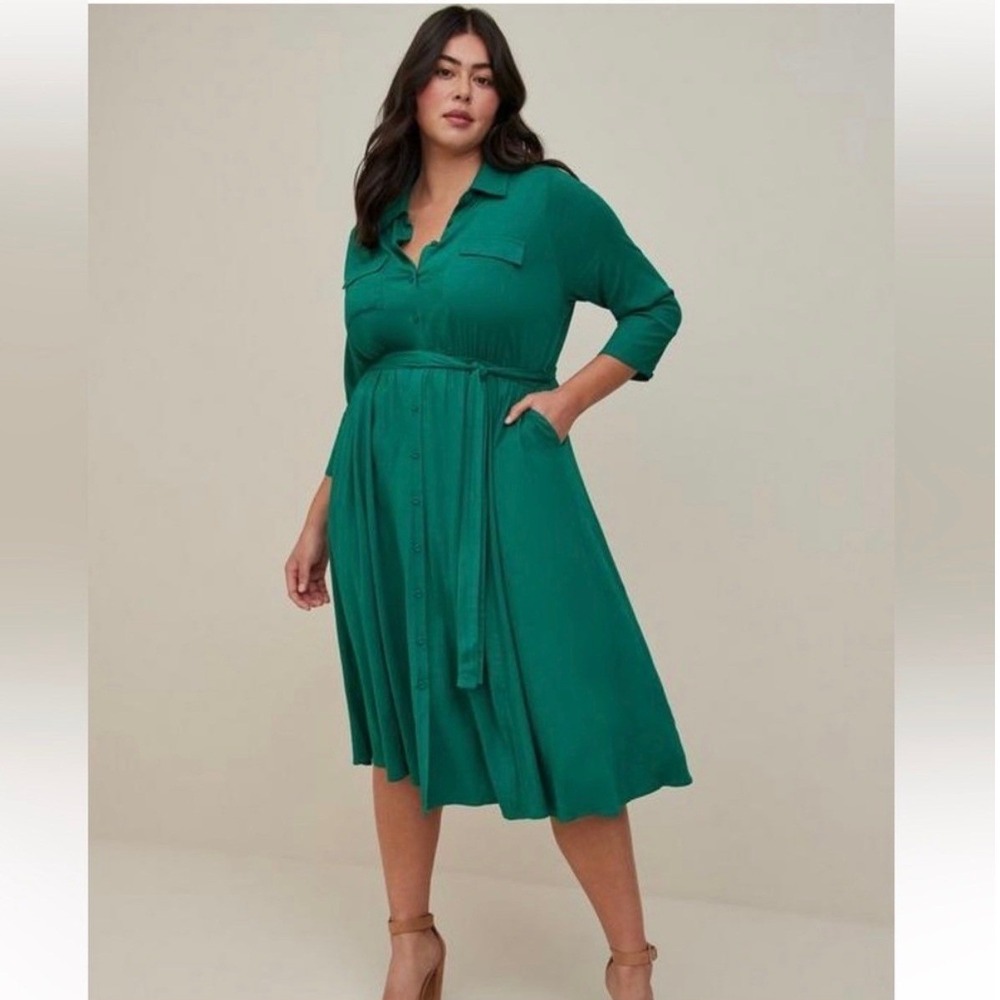 NWT Torrid Womens Lenny Tie Waist Midi Shirt Dress Size 3X Green Office Business
